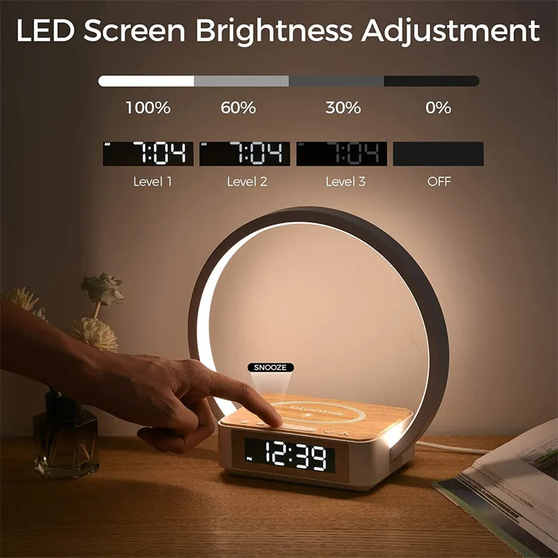 3 in 1 Wireless Rechargeable Touch Bedside Lamp With Alarm Clock Cell Phone Bedroom Charger