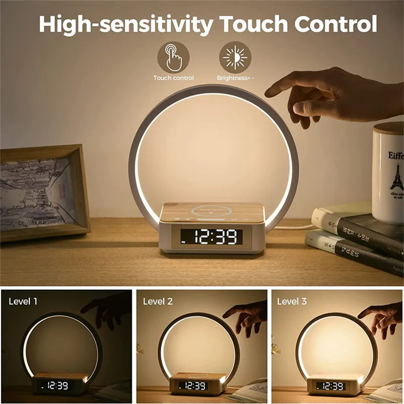 3 in 1 Wireless Rechargeable Touch Bedside Lamp With Alarm Clock Cell Phone Bedroom Charger