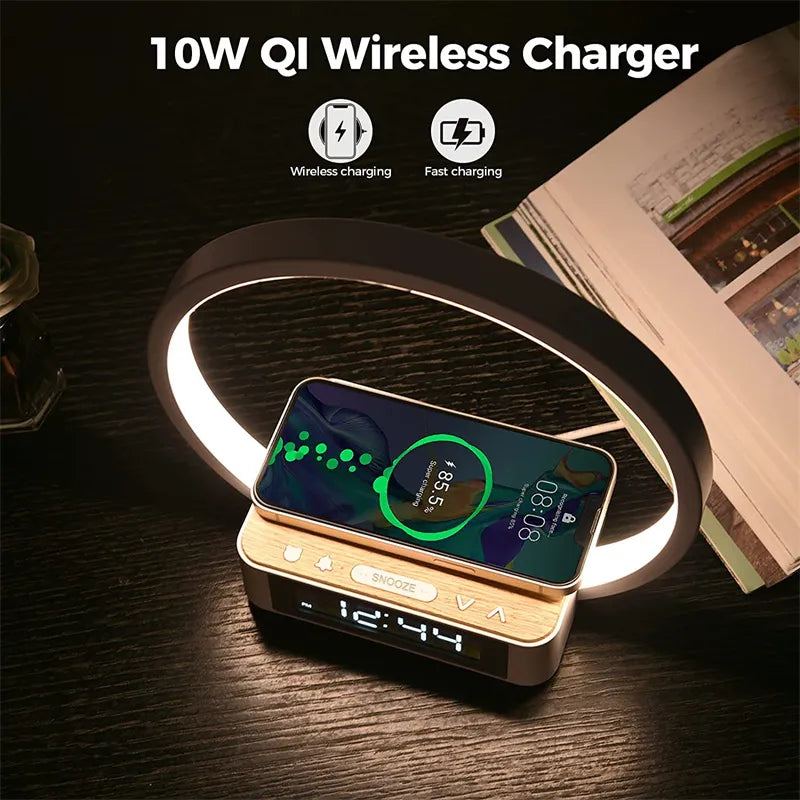 3 in 1 Wireless Rechargeable Touch Bedside Lamp With Alarm Clock Cell Phone Bedroom Charger